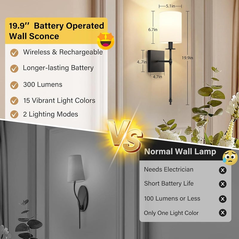 Bosceos 19.9 Inch Black Battery Operated Wall Sconces Set of 2, Rechargeable Wireless Wall Lights with Remote & White Fabric Shade, Indoor Not Hardwired Dimmable Wall Lamps for Living Room, 2 Bulbs Included - Image 3